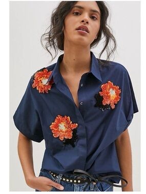 Anthropologie Navy Button-Down Shirt with Orange Floral Appliqués
